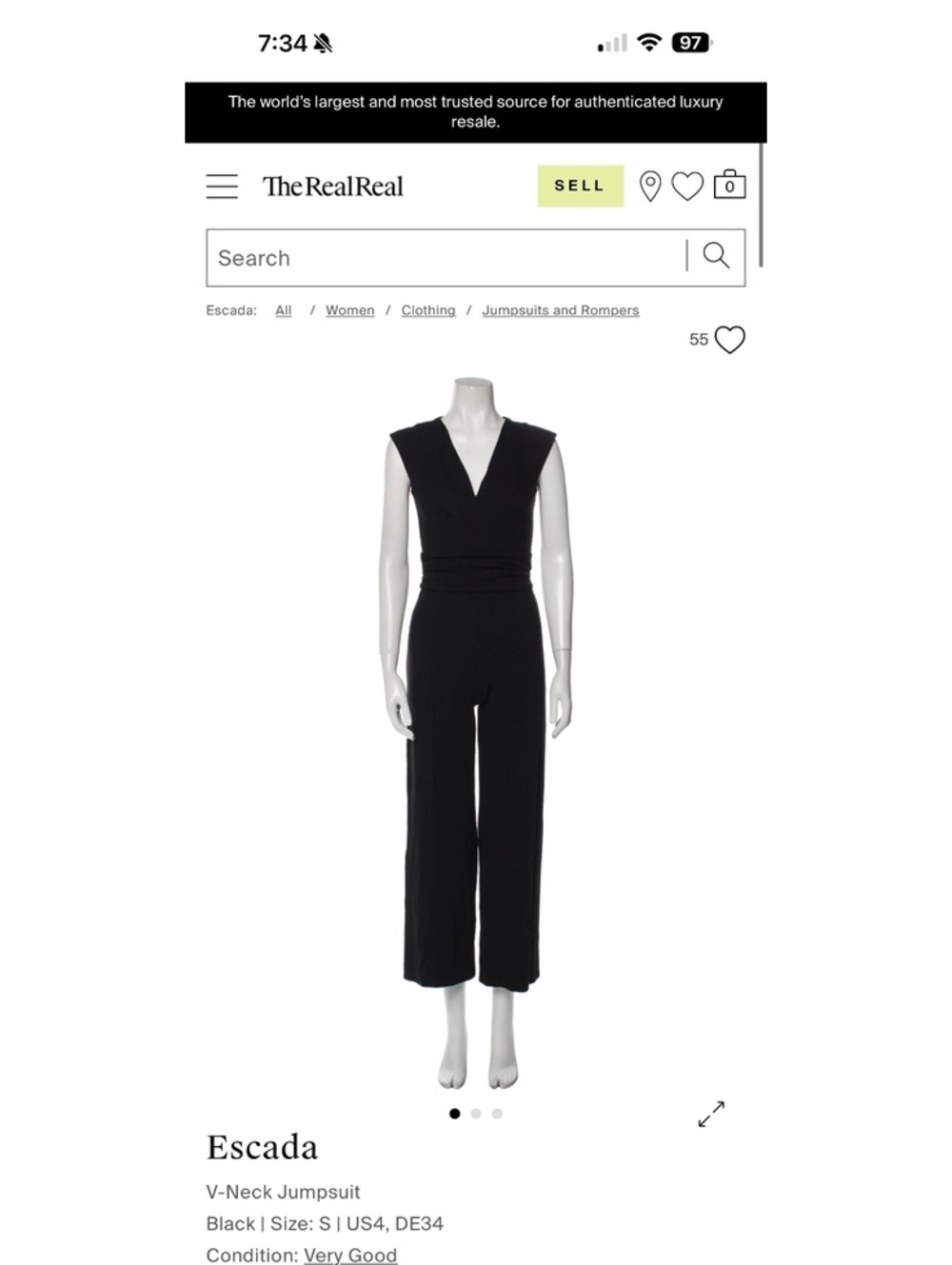 Escada V‑Neck Jumpsuit Sz 44 (US 14) Minimalist